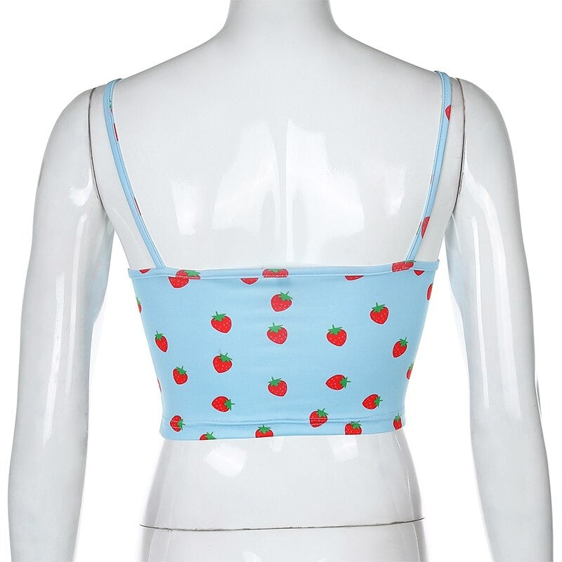 Strawberry Print Sexy Blue Short Casual Sleeveless