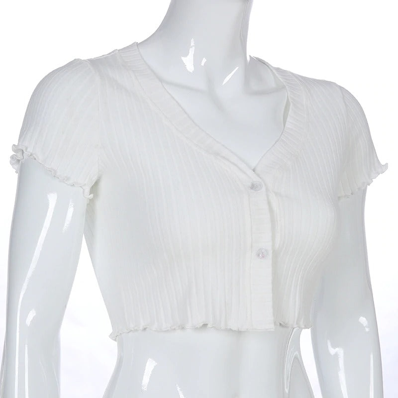 White Solid Short Sleeve Cropped Single-Breasted V Neck Sexy Elegant Tees